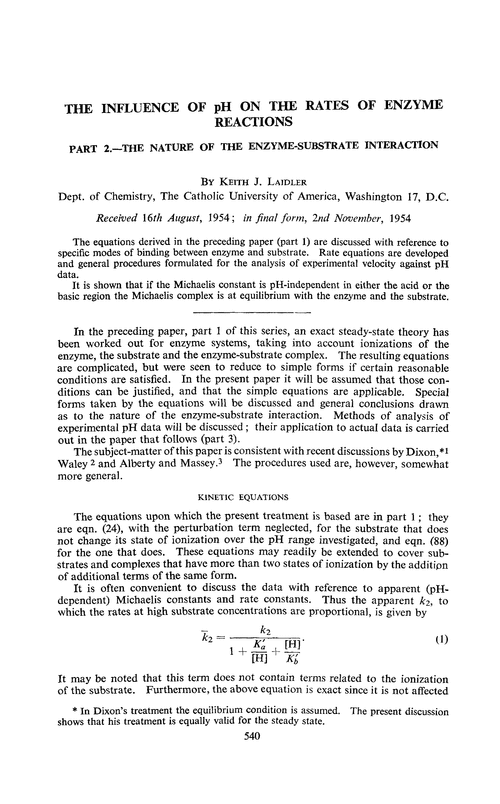 The influence of pH on the rates of enzyme reactions. Part 2.—The nature of the enzyme-substrate interaction