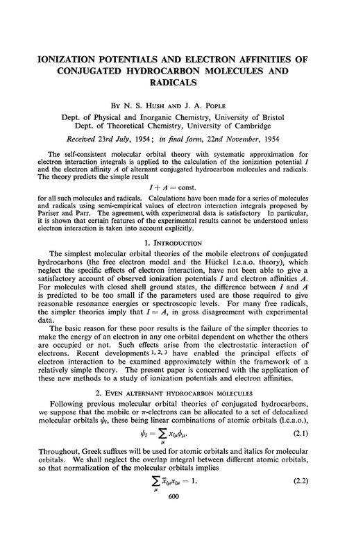 Ionization potentials and electron affinities of conjugated hydrocarbon molecules and radicals