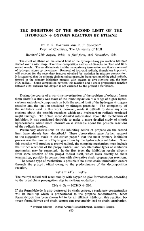 The inhibition of the second limit of the hydrogen + oxygen reaction by ethane