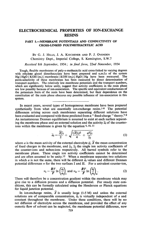 Electrochemical properties of ion-exchange resins. Part 1.—Membrane potentials and conductivity of cross-linked polymethacrylic acid