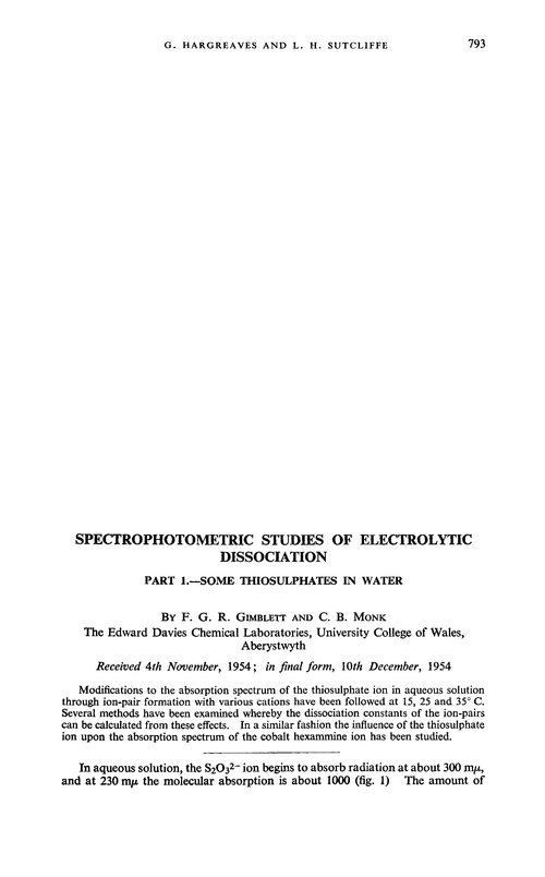 Spectrophotometric studies of electrolytic dissociation. Part 1.—Some thiosulphates in water