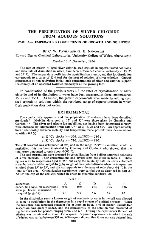 The precipitation of silver chloride from aqueous solutions. Part 3.—Temperature coefficients of growth and solution