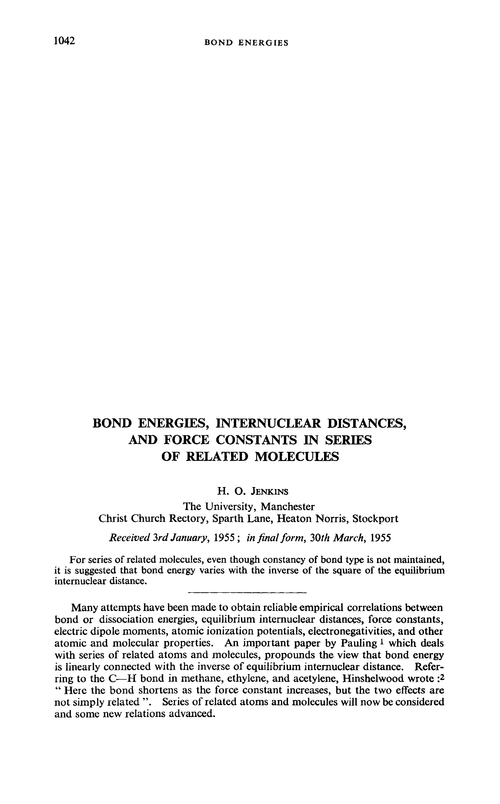 Bond energies, internuclear distances, and force constants in series of related molecules