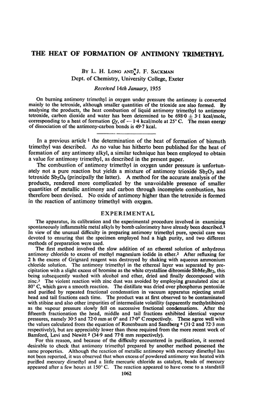 The heat of formation of antimony trimethyl