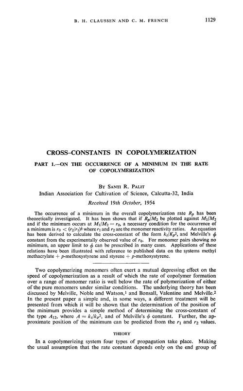 Cross–constants in copolymerization. Part 1.—On the occurrence of a minimum in the rate of copolymerization