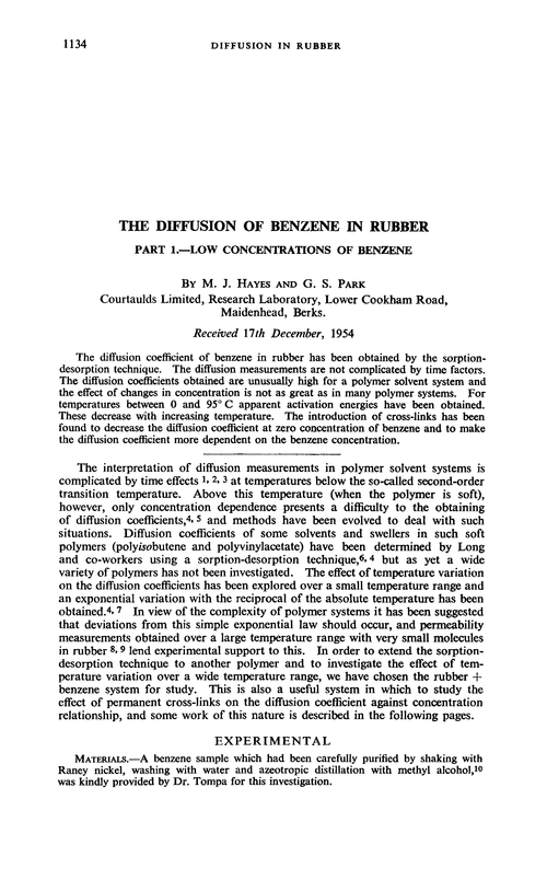 The diffusion of benzene in rubber. Part 1.—Low concentrations of benzene