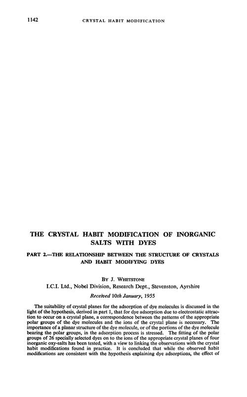 The crystal habit modification of inorganic salts with dyes. Part 2.—The relationship between the structure of crystals and habit modifying dyes
