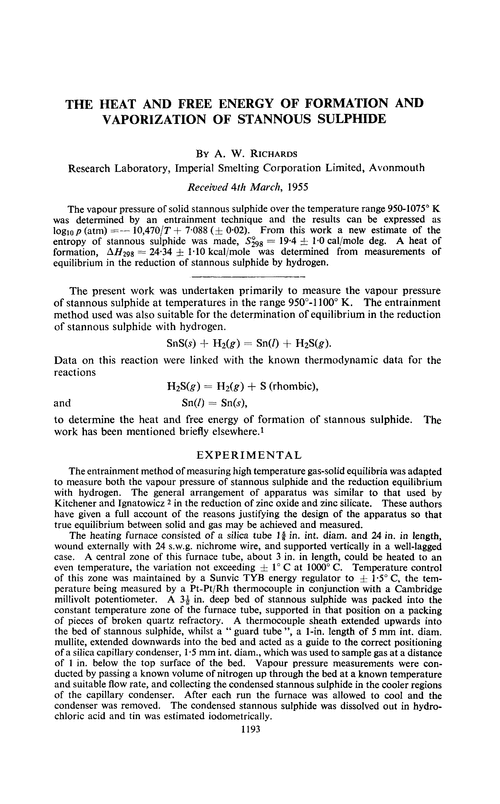 The heat and free energy of formation and vaporization of stannous sulphide