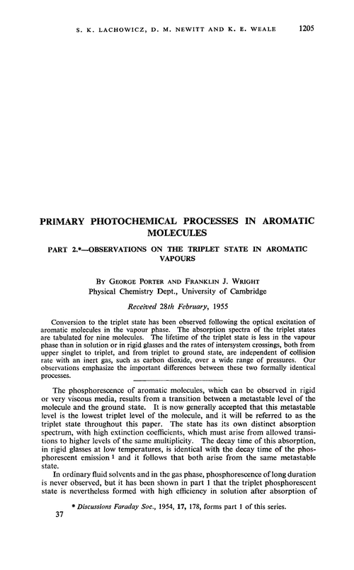 Primary photochemical processes in aromatic molecules. Part 2.—Observations on the triplet state in aromatic vapours