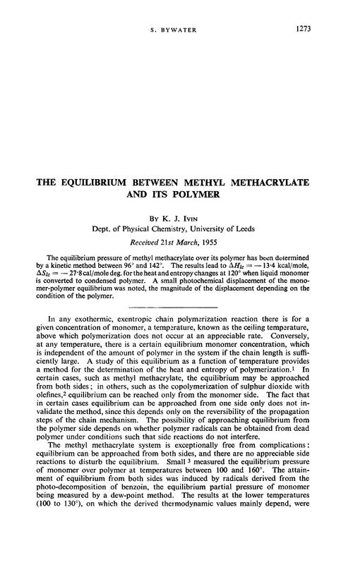 The equilibrium between methyl methacrylate and its polymer