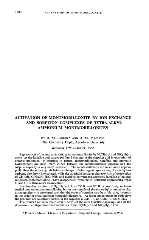 Activation of montmorillonite by ion exchange and sorption complexes of tetra-alkyl ammonium montmorillonites