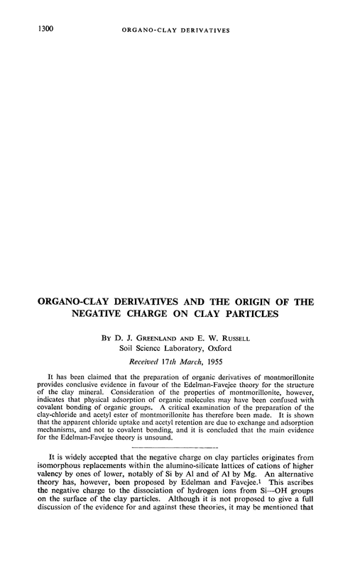 Organo-clay derivatives and the origin of the negative charge on clay particles