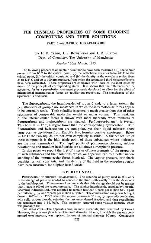 The physical properties of some fluorine compounds and their solutions. Part 1.—Sulphur hexafluoride