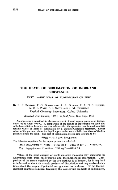 The heats of sublimation of inorganic substances. Part 1.—The heat of sublimation of zinc