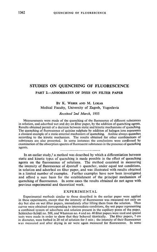 Studies on quenching of fluorescence. Part 2.—Adsorbates of dyes on filter paper