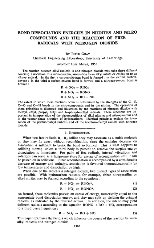 Bond dissociation energies in nitrites and nitro compounds and the reaction of free radicals with nitrogen dioxide