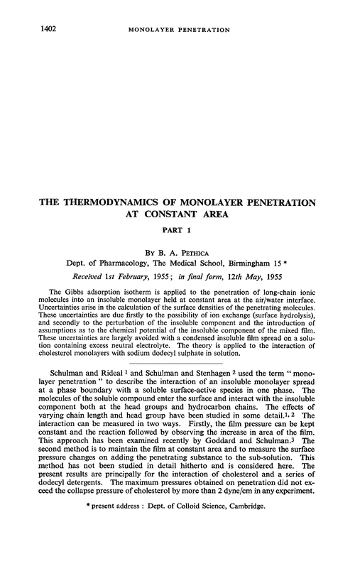 The thermodynamics of monolayer penetration at constant area. Part 1