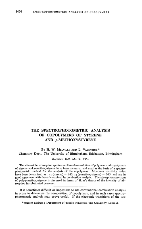 The spectrophotometric analysis of copolymers of styrene and p-methoxystyrene