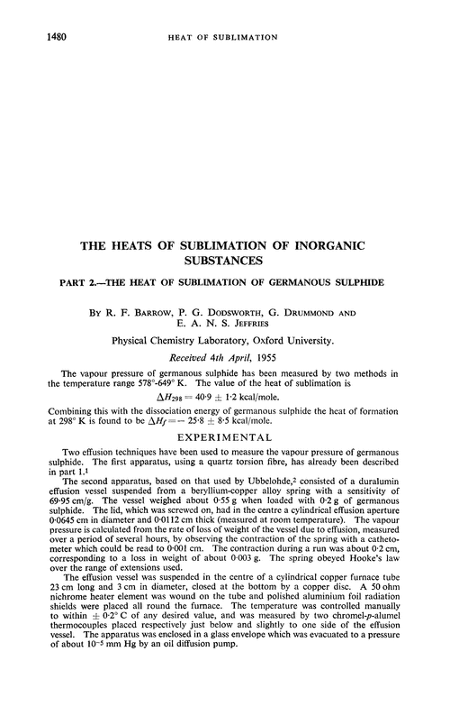 The heats of sublimation of inorganic substances. Part 2.—The heat of sublimation of germanous sulphide