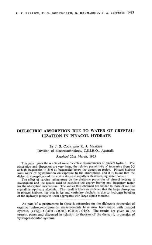 Dielectric absorption due to water of crystallization in pinacol hydrate