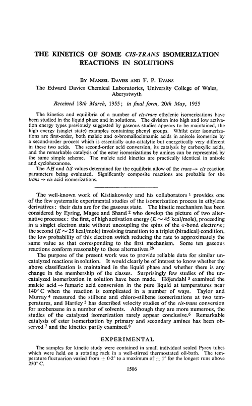 The kinetics of some cis-trans isomerization reactions in solutions