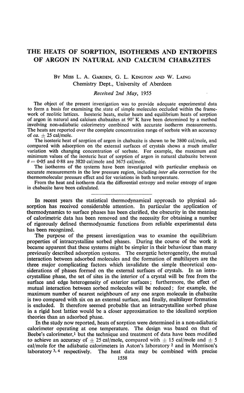 The heats of sorption, isotherms and entropies of argon in natural and calcium chabazites