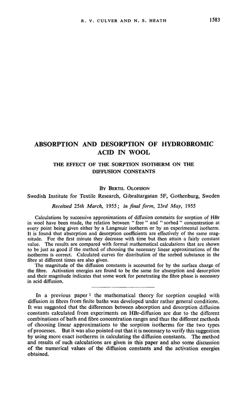 Absorption and desorption of hydrobromic acid in wool. The effect of the sorption isotherm on the diffusion constants