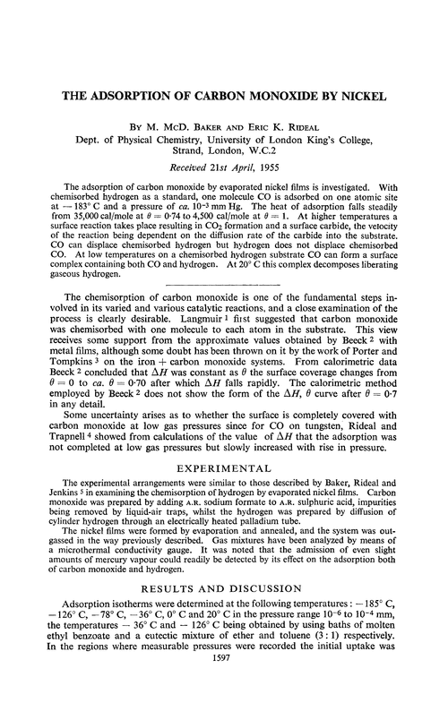 The adsorption of carbon monoxide by nickel