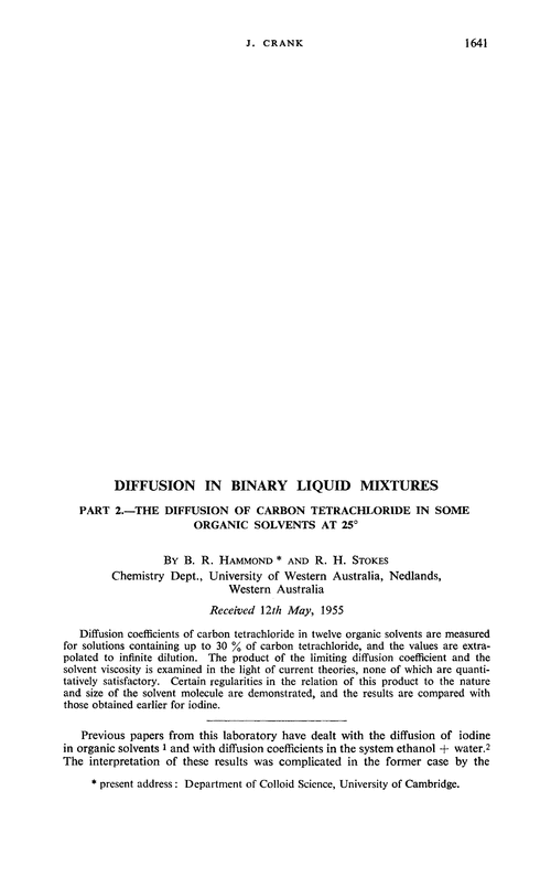 Diffusion in binary liquid mixtures. Part 2.—The diffusion of carbon tetrachloride in some organic solvents at 25°