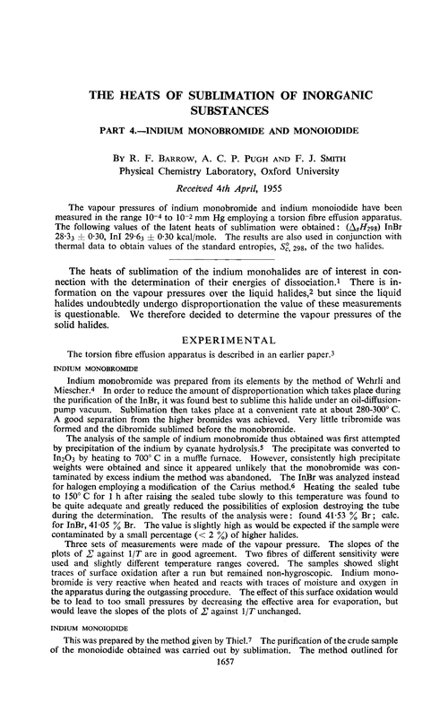 The heats of sublimation of inorganic substances. Part 4.—Indium monobromide and monoiodide