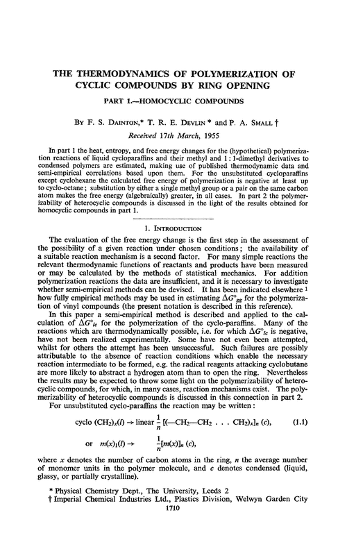 The thermodynamics of polymerization of cyclic compounds by ring opening