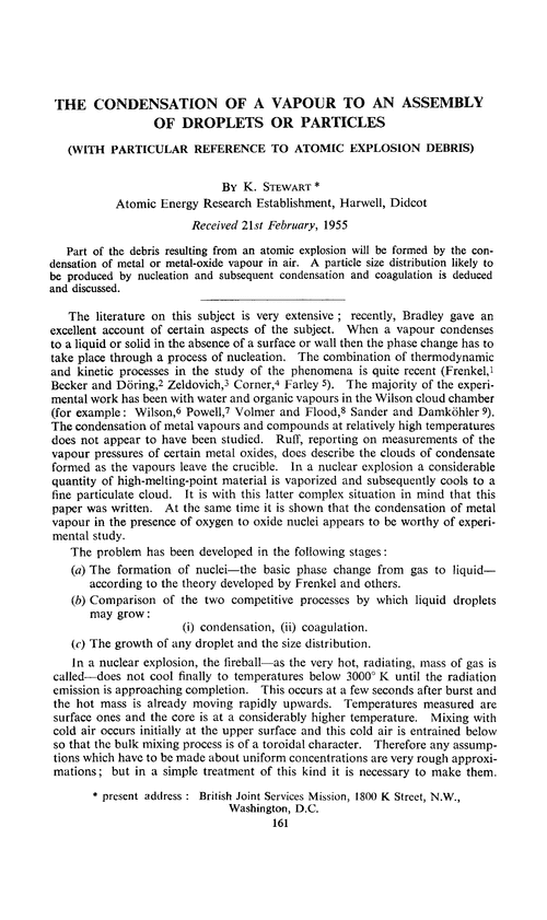 The condensation of a vapour to an assembly of droplets or particles