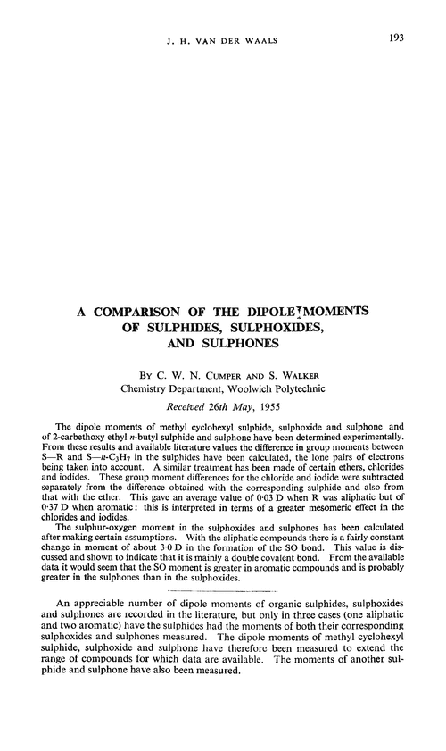 A comparison of the dipole moments of sulphides, sulphoxides, and sulphones