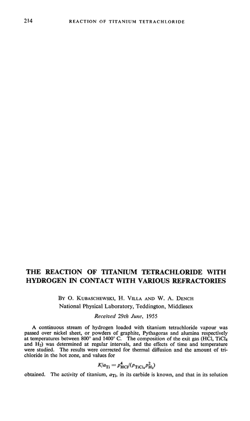The reaction of titanium tetrachloride with hydrogen in contact with various refractories