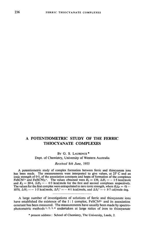 A potentiometric study of the ferric thiocyanate complexes