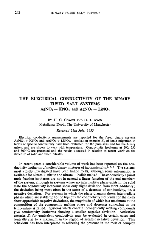 The electrical conductivity of the binary fused salt systems AgNO3+ KNO3 and AgNO3+ LiNO3