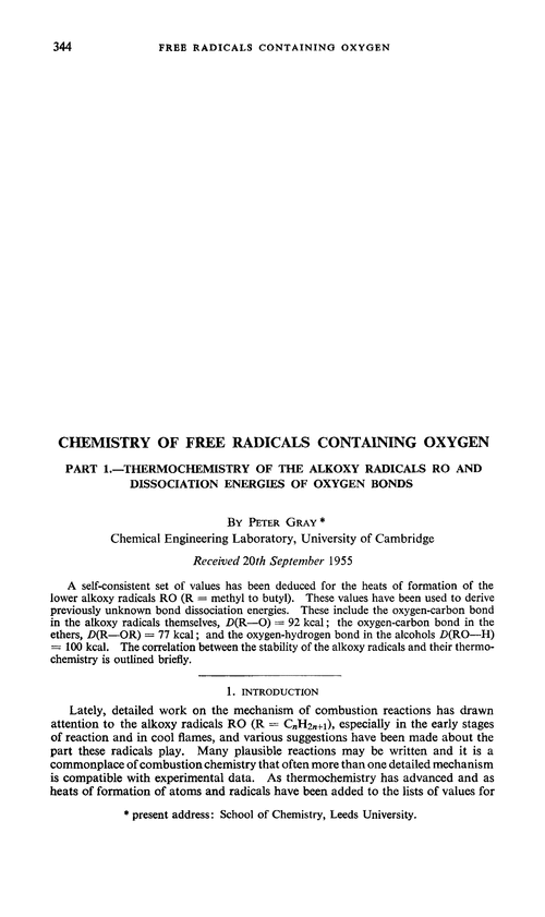 Chemistry of free radicals containing oxygen. Part 1.—Thermochemistry of the alkoxy radicals RO and dissociation energies of oxygen bonds
