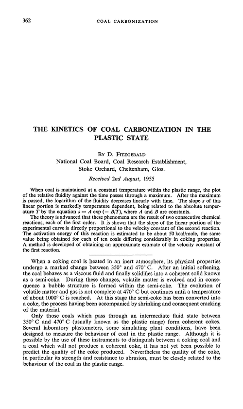 The kinetics of coal carbonization in the plastic state