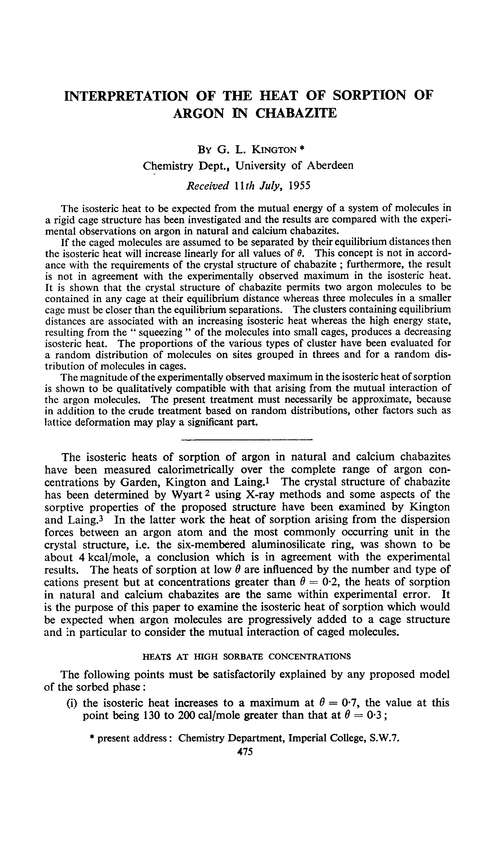 Interpretation of the heat of sorption of argon in chabazite