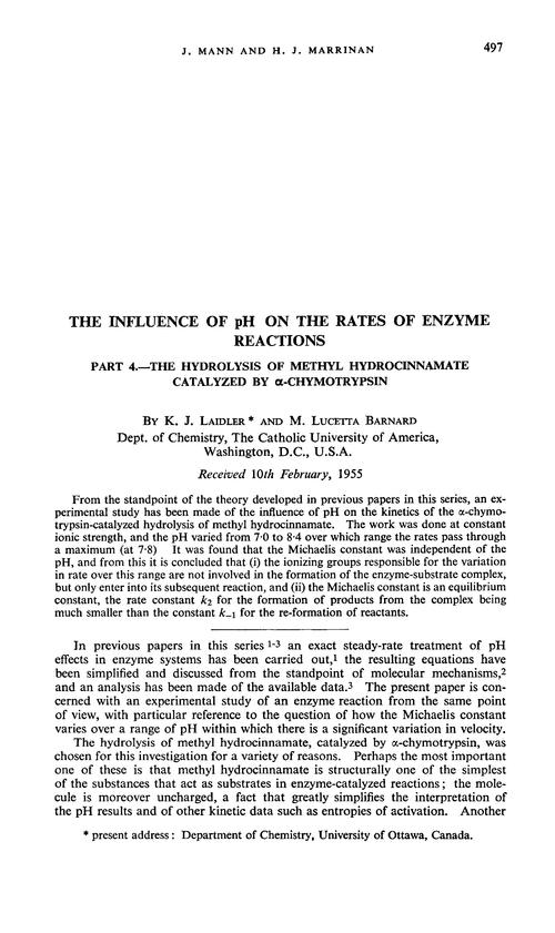 The influence of pH on the rates of enzyme reactions. Part 4.—The hydrolysis of methyl hydrocinnamate catalyzed by α-chymotrypsin