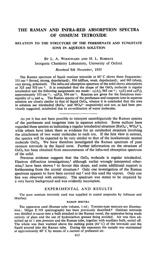 The Raman and infra-red absorption spectra of osmium tetroxide. Relation to the structure of the perrhenate and tungstate ions in aqueous solution