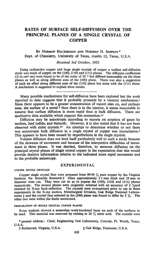Rates of surface self-diffusion over the principal planes of a single crystal of copper