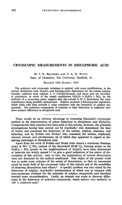 Cryoscopic measurements in disulphuric acid