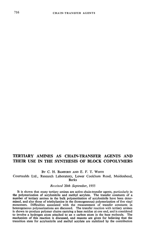 Tertiary amines as chain-transfer agents and their use in the synthesis of block copolymers