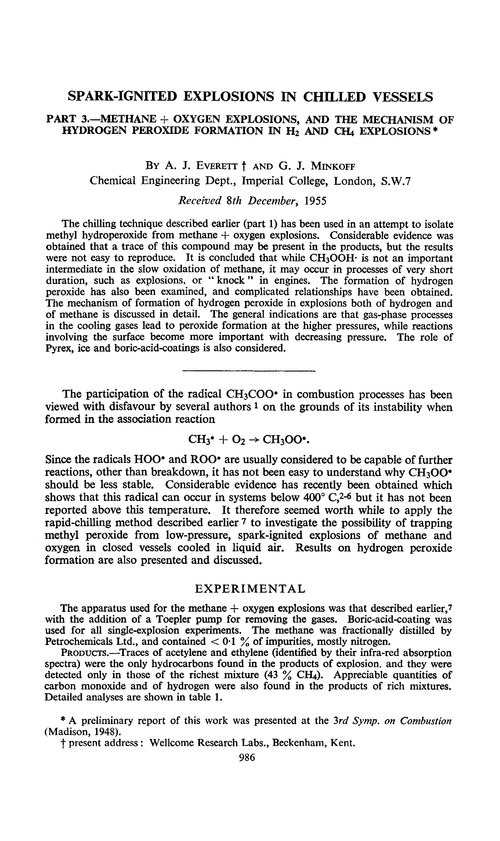 Spark-ignited explosions in chilled vessels. Part 3.—Methane + oxygen explosions, and the mechanism of hydrogen peroxide formation in H2 and CH4 explosions