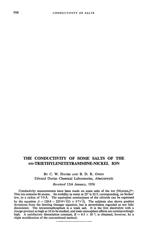 The conductivity of some salts of the tris-triethylenetetrammine-nickel ion