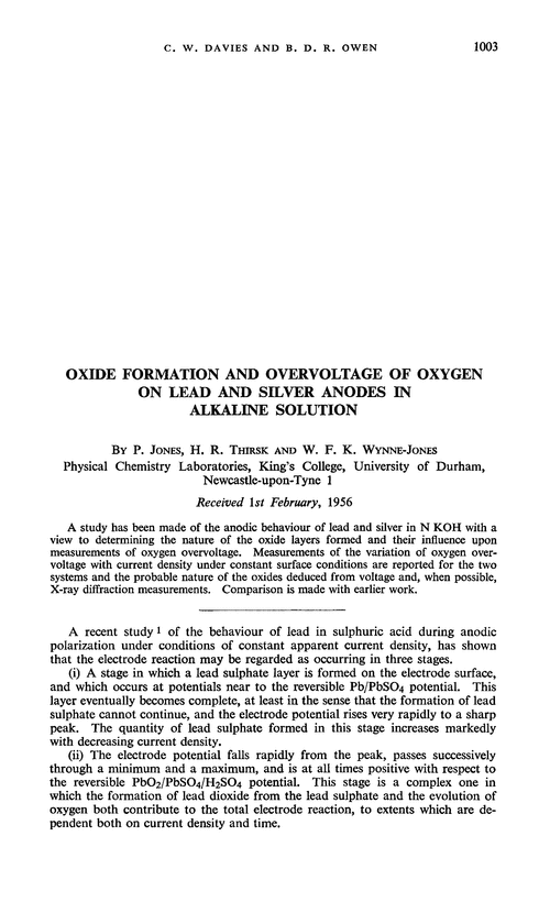 Oxide formation and overvoltage of oxygen on lead and silver anodes in alkaline solution