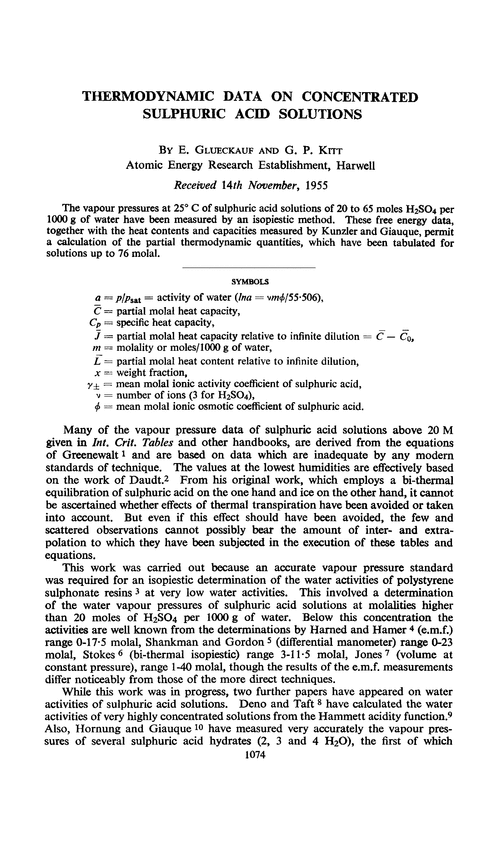 Thermodynamic data on concentrated sulphuric acid solutions