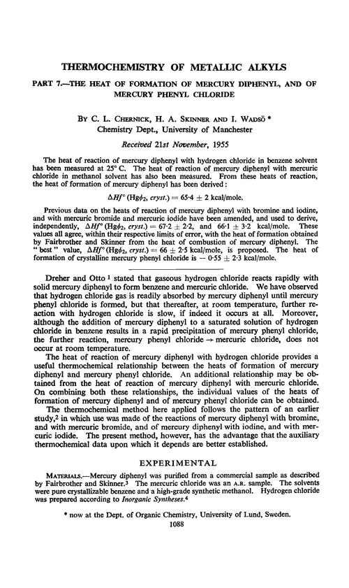 Thermochemistry of metallic alkyls. Part 7.—The heat of formation of mercury diphenyl, and of mercury phenyl chloride