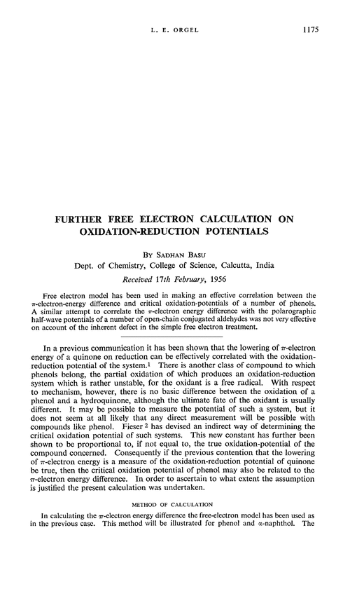 Further free electron calculation on oxidation-reduction potentials